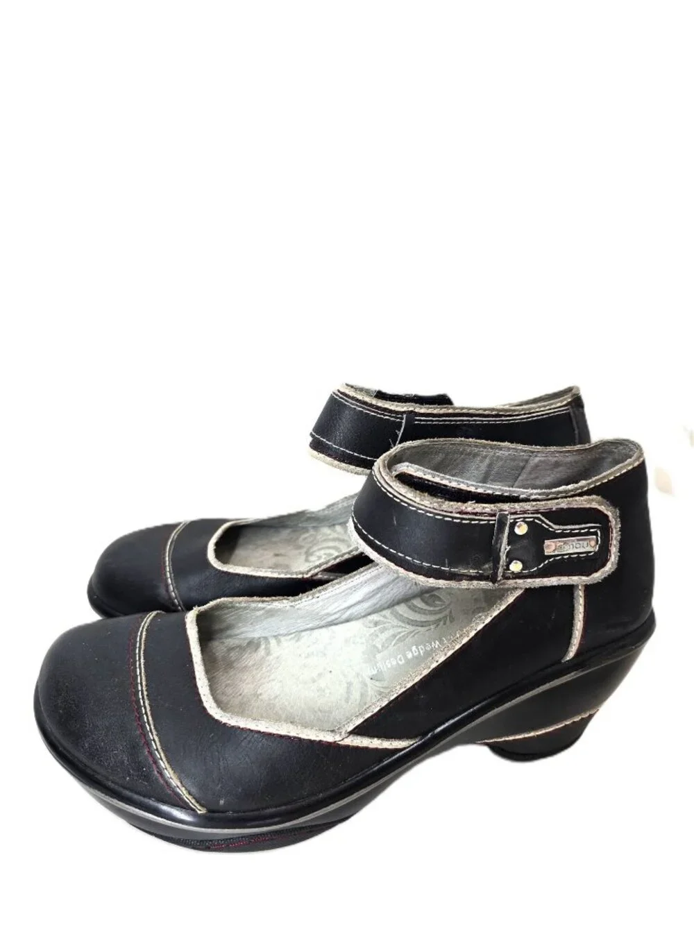 Jambu Black Leather Mary Jane GIrly Ankle Strap Comfy Wedge Shoes Women Size 8